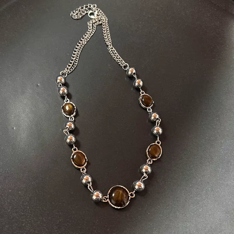 Vintage Leather Brown Stone Pendant Necklace Stacking Choker Temperament Clavicle Chain for Women Girl Autumn Winter Necklace