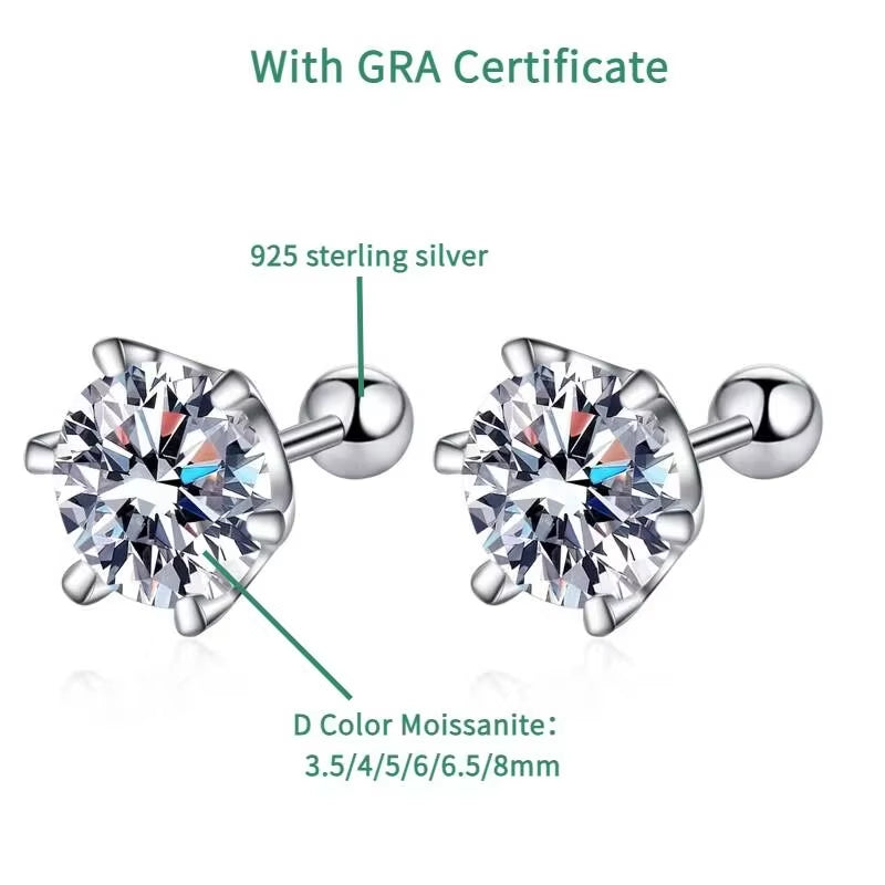 TY 0.3-2CT Moissanite Earrings 925 Sterling Silver round Cut Stud Earrings Piercing Earrings for Men and Women Fine Jewelry