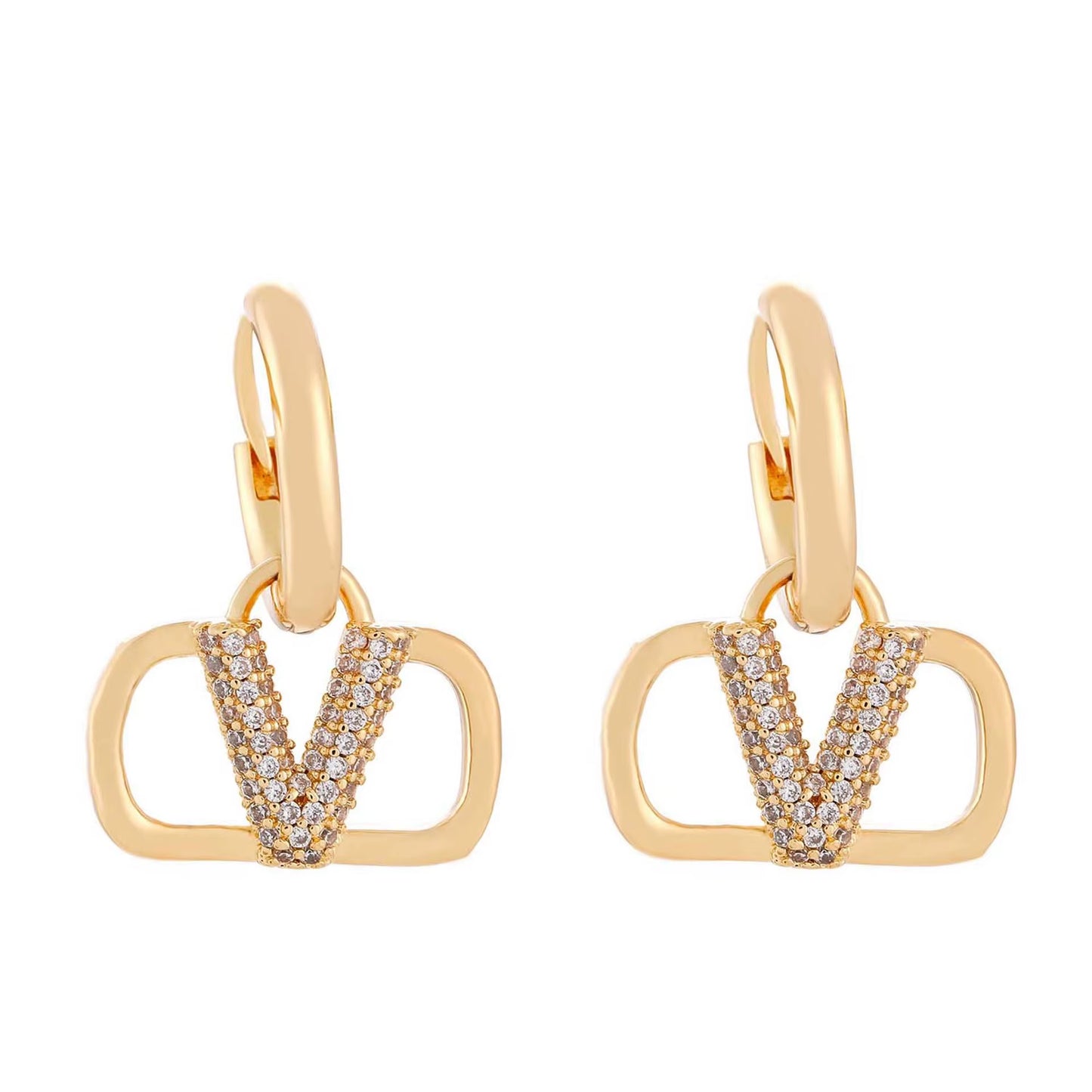 Square Letter V Full Drill Earring Women'S Fashionable Luxury Versatile High-End Feeling Ear Jewelry Elegant Personality