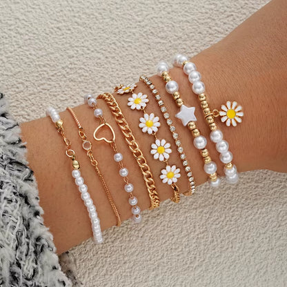 New 10 Pcs Vintage Bohemian Bracelet Set for Women Daisy Flower Pendant Beaded Star Heart Pearl Bangles 2024 Trendy Jewelry Gift