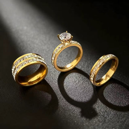 3PCS Gold Plated Color Cubic Zirconia (CZ) Wedding Engagement Band Stainless Steel Ring Set for Women Jewelry Accessories Gift