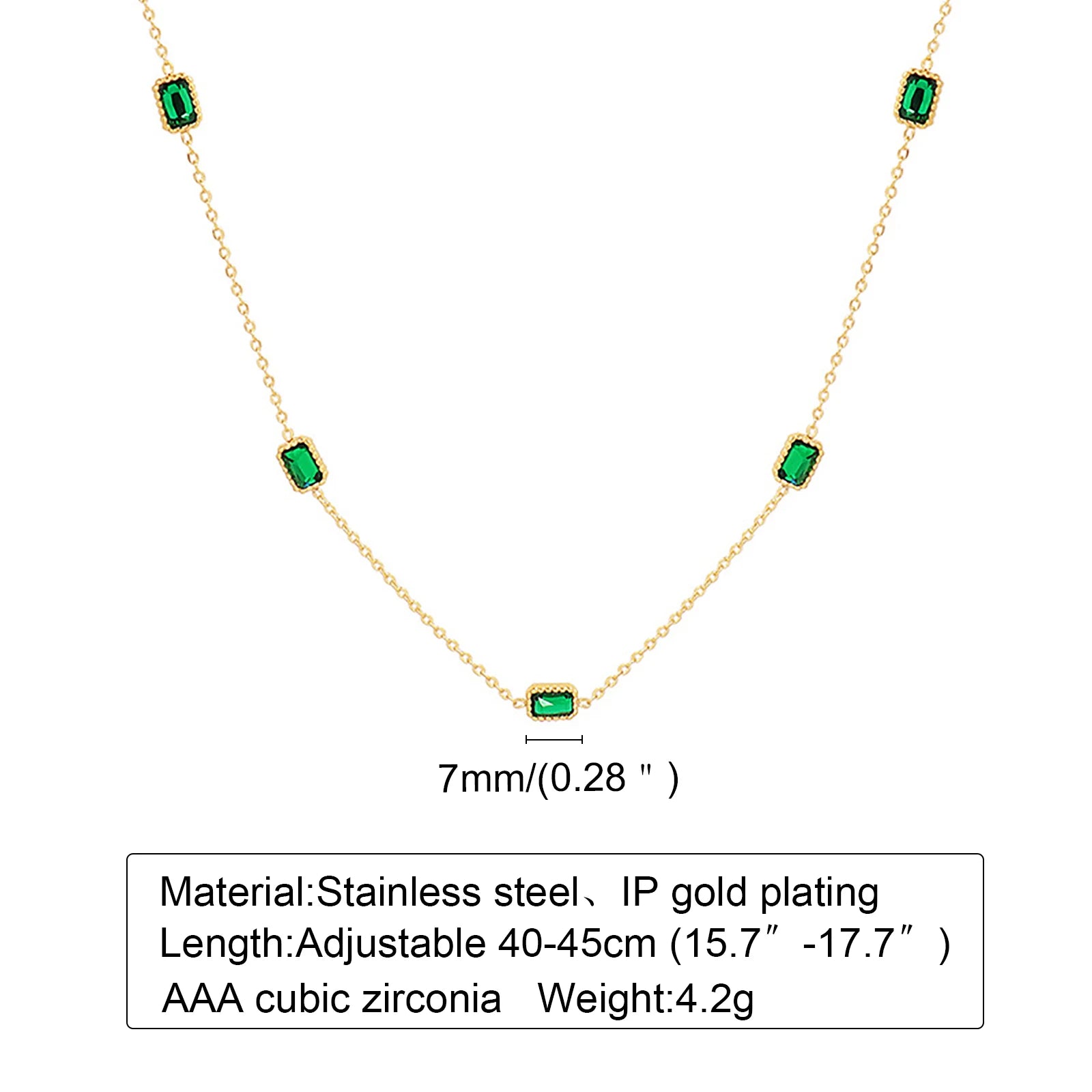 Retro Green Zircon Pendant Necklace for Women, Crystal Stone Chain Stainless Steel Gold Plated Luxury Birthday Gifts