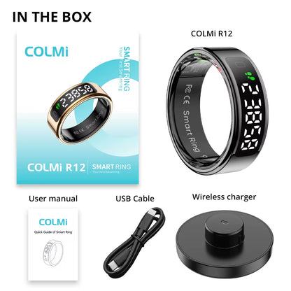R12 Smart Ring with Display Screen and Touch, Wireless Charging, Health Manager, 5 ATM Waterproof for Men Women