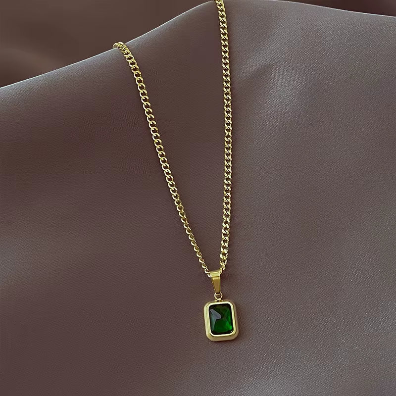French Retro Green Crystal Pendant Necklace Simple Gold Color Chain Necklace for Women Trendy Accessories Mother Gift Accessorie