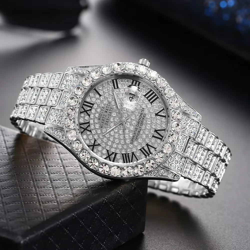 Hot Sale Diamond Bling Watch Men Gold Color Luxury Gift Quartz Watches Male Clock Dropshipping Rhinestone Calendar Wristwatch
