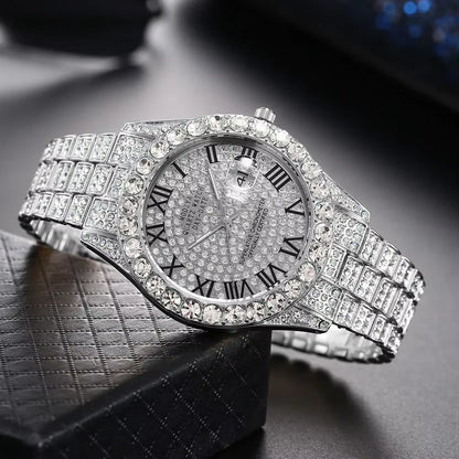 Hot Sale Diamond Bling Watch Men Gold Color Luxury Gift Quartz Watches Male Clock Dropshipping Rhinestone Calendar Wristwatch