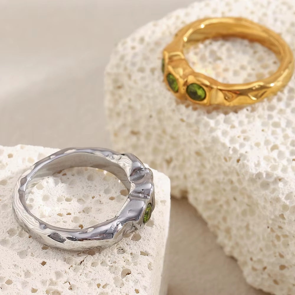 La. Muses Three Green Zircon Stainless Steel Women'S Ring PVD Gold Plated Trendy Daily Jewelry Accessories Gift