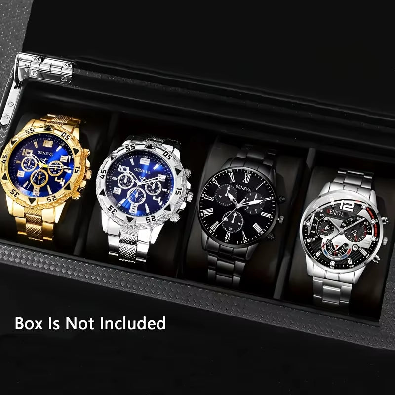 4Pcs Fashionable Men'S Quartz Watch - Stainless Steel Strap, round Zinc Alloy Case, Electronic Sports