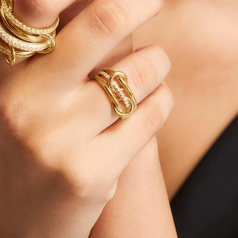 Stainless Steel Gold-Plated Zircon Three-Layer Stacked round Ring for Women Non Tarnish Interlocked Rings Set Trend Jewelry Gift