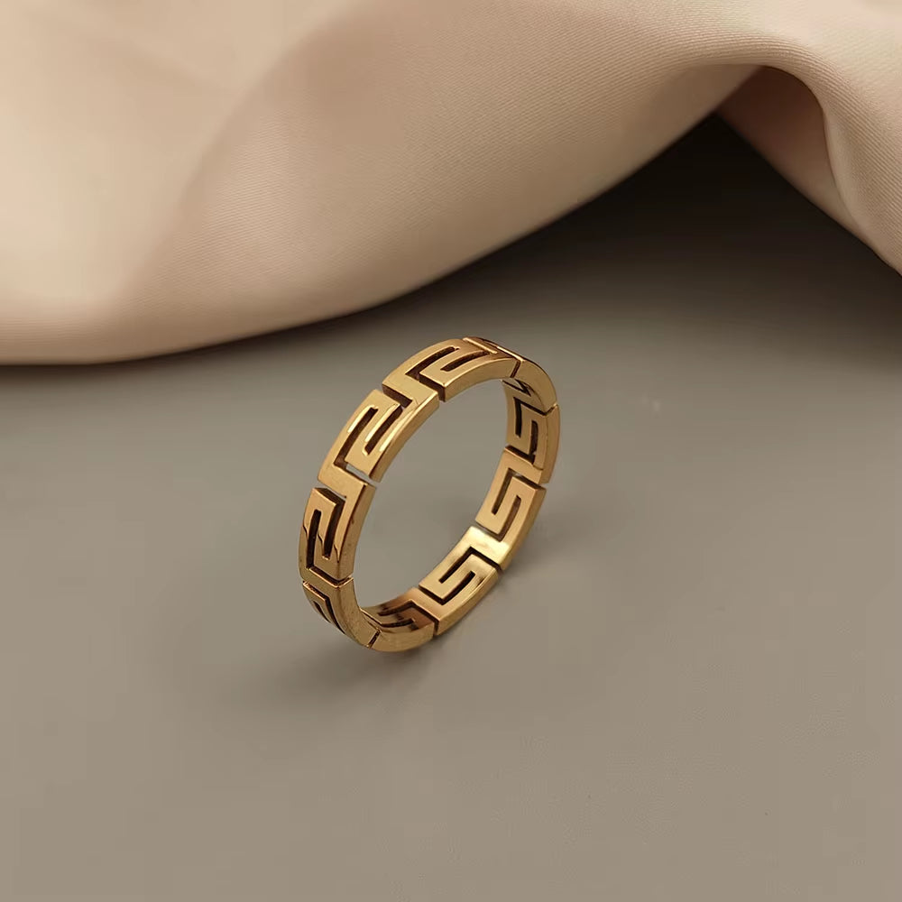 Creative - Greek Key Pattern Stainless Steel Finger Ring, High Quality Waterproof Jewelry, Gift for Friends
