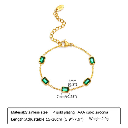 Retro Green Zircon Pendant Necklace for Women, Crystal Stone Chain Stainless Steel Gold Plated Luxury Birthday Gifts