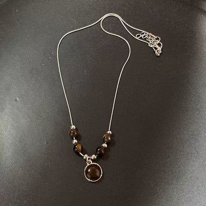 Vintage Leather Brown Stone Pendant Necklace Stacking Choker Temperament Clavicle Chain for Women Girl Autumn Winter Necklace