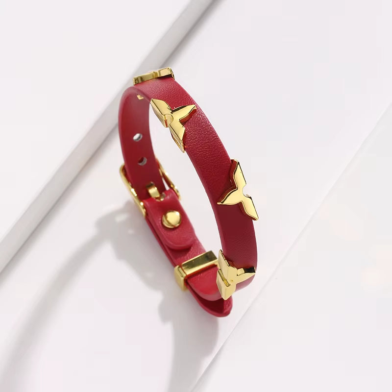Fashion Leather Bracelet for Women Men with Gold Tone Butterfly Studs, Adjustable Wristband, 6 Colors Available, Trendy Gift