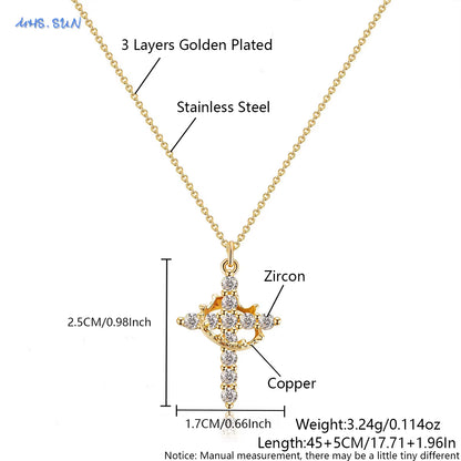 Cubic Zircon Rotatable Crown Cross Pendant Necklaces Classic Stainless Steel Chain Banquet Party Jewelry for Women Men
