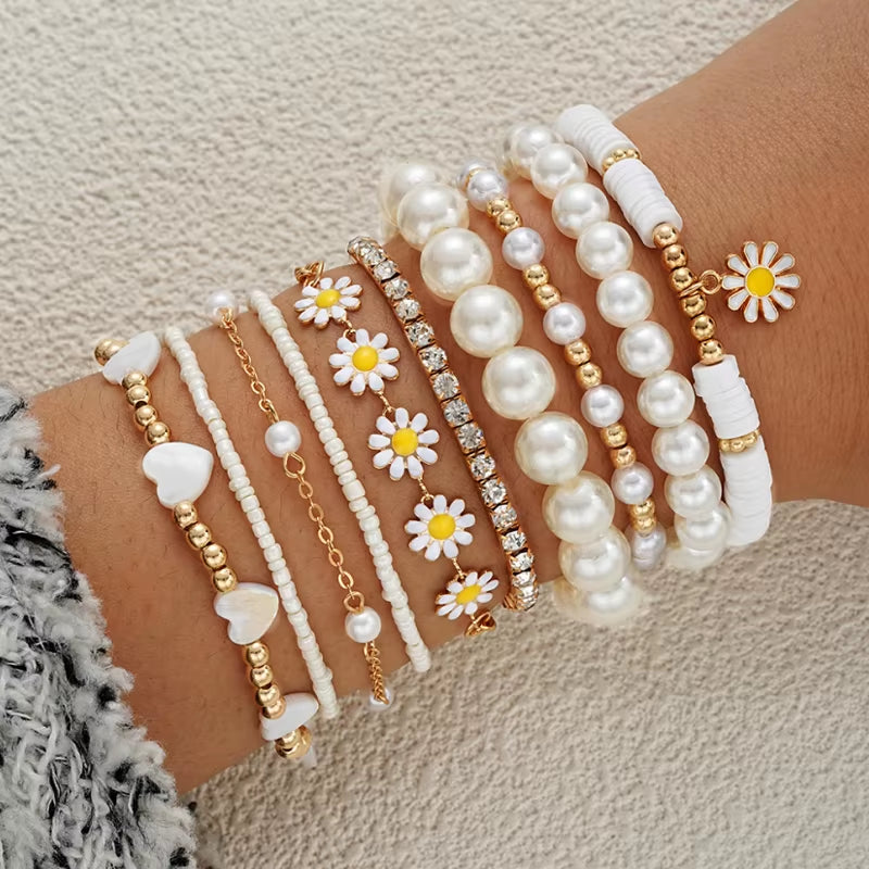 New 10 Pcs Vintage Bohemian Bracelet Set for Women Daisy Flower Pendant Beaded Star Heart Pearl Bangles 2024 Trendy Jewelry Gift