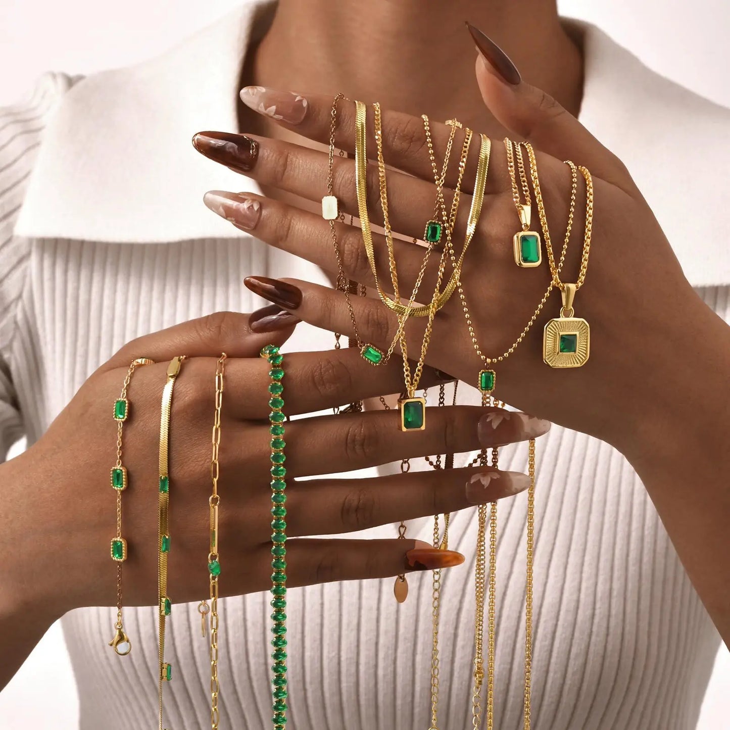 Retro Green Zircon Pendant Necklace for Women, Crystal Stone Chain Stainless Steel Gold Plated Luxury Birthday Gifts