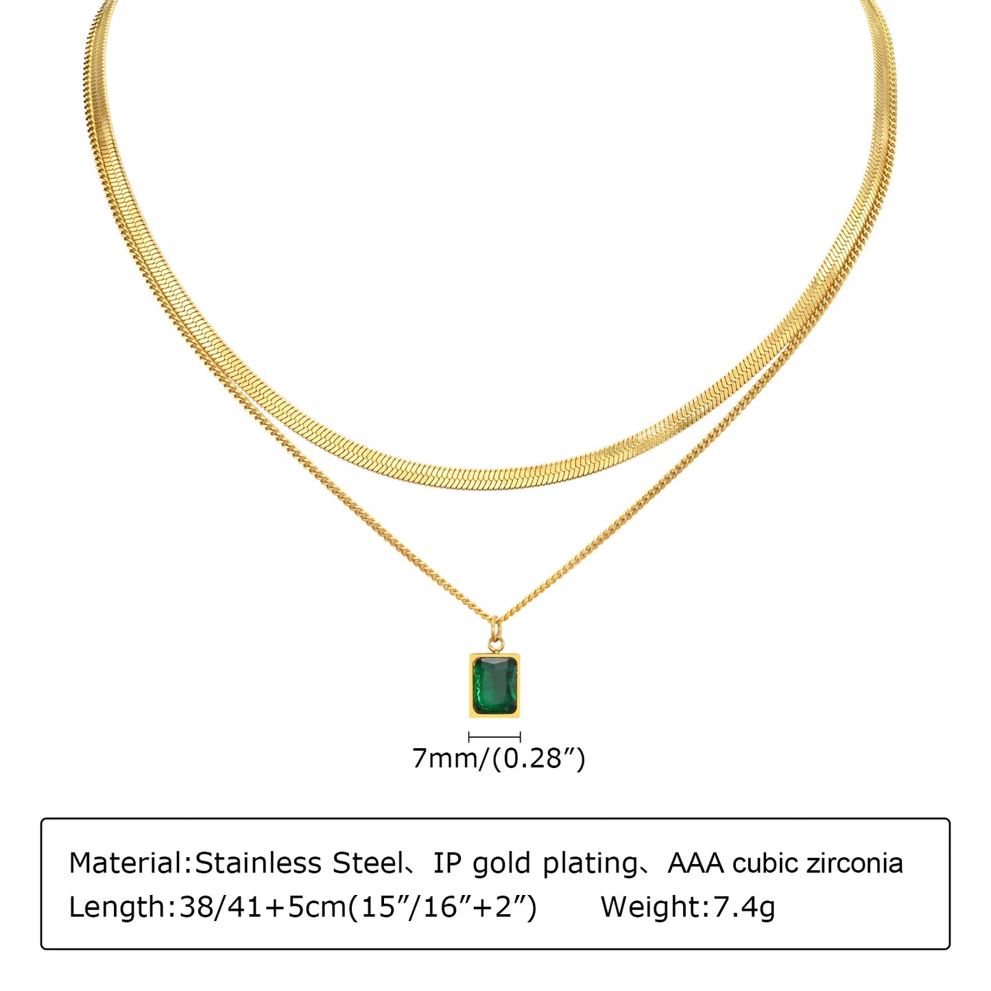 Retro Green Zircon Pendant Necklace for Women, Crystal Stone Chain Stainless Steel Gold Plated Luxury Birthday Gifts