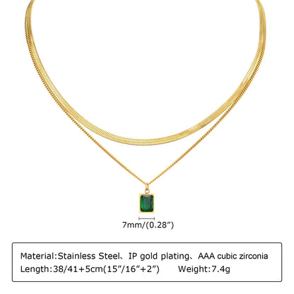 Retro Green Zircon Pendant Necklace for Women, Crystal Stone Chain Stainless Steel Gold Plated Luxury Birthday Gifts
