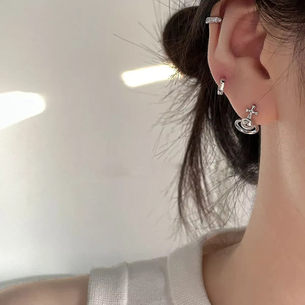 Silver Needle Earrings Vintage Metal Cross Saturn Design Women'S Summer Jewelry Ear Cuffie AE Stock Origin China