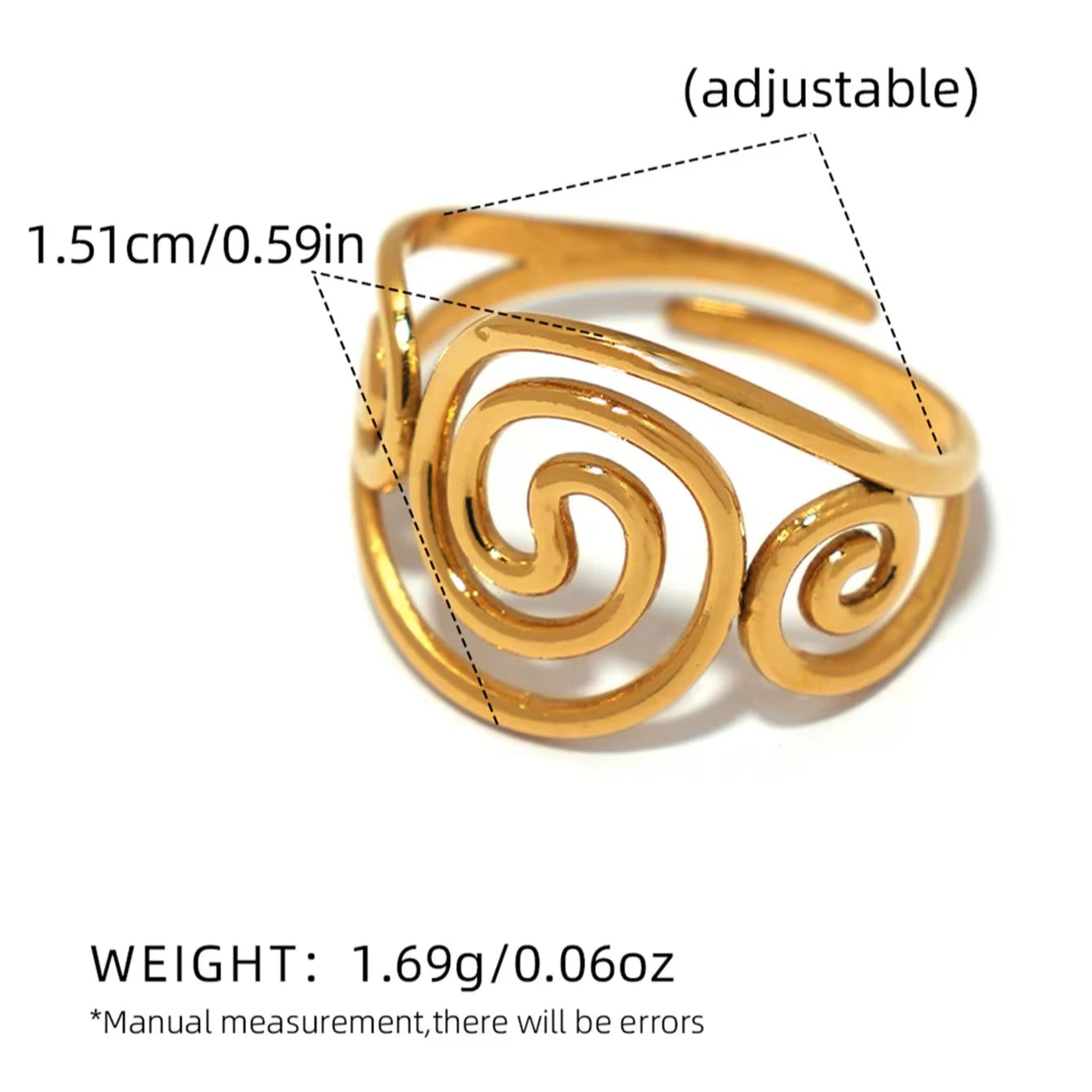 Stainless Steel Spiral Adjustable Open Rings for Women 18K Gold Plated Waterproof High Quality Ladies Jewelry for Vacation Etc