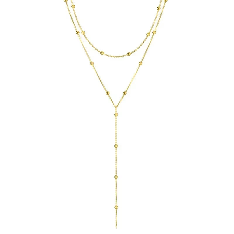 Gold Color Double Layered Long Tassel Chain Necklaces for Women Simple Metal Geometric Bead Choker Necklace Fashion Jewelry