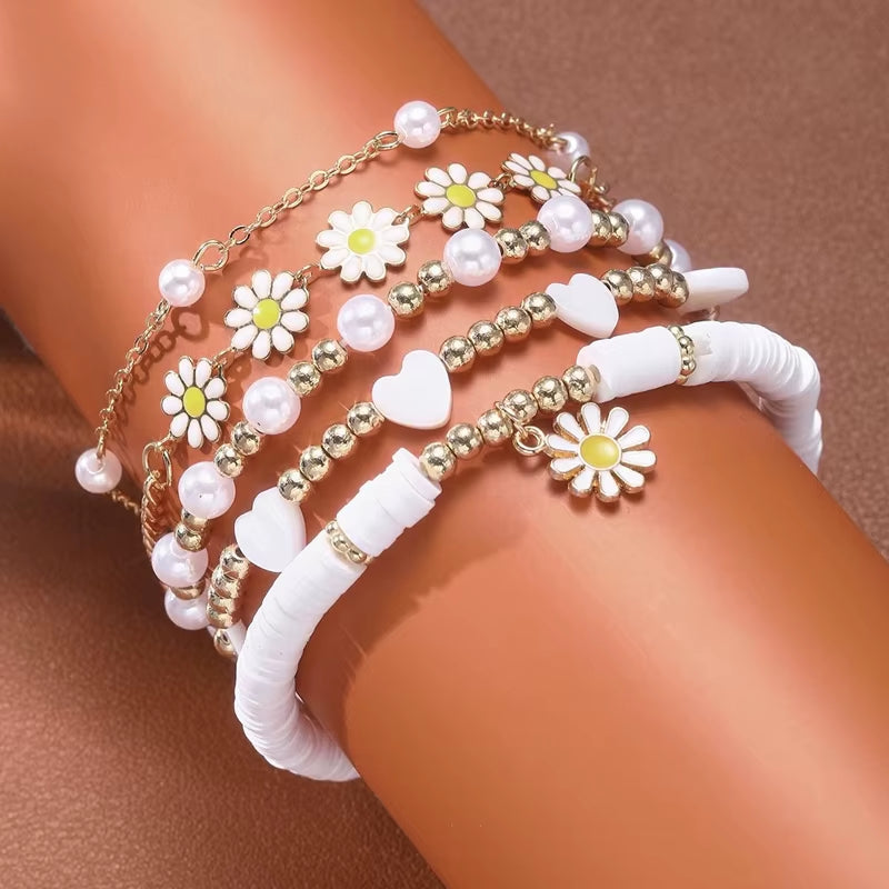 New 10 Pcs Vintage Bohemian Bracelet Set for Women Daisy Flower Pendant Beaded Star Heart Pearl Bangles 2024 Trendy Jewelry Gift