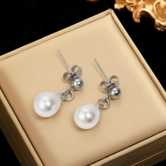 Stainless Steel Imitation Pearl Pendant Earrings Ladies' French Vintage Elegance Fashionable Niche Versatile High-End Earrings