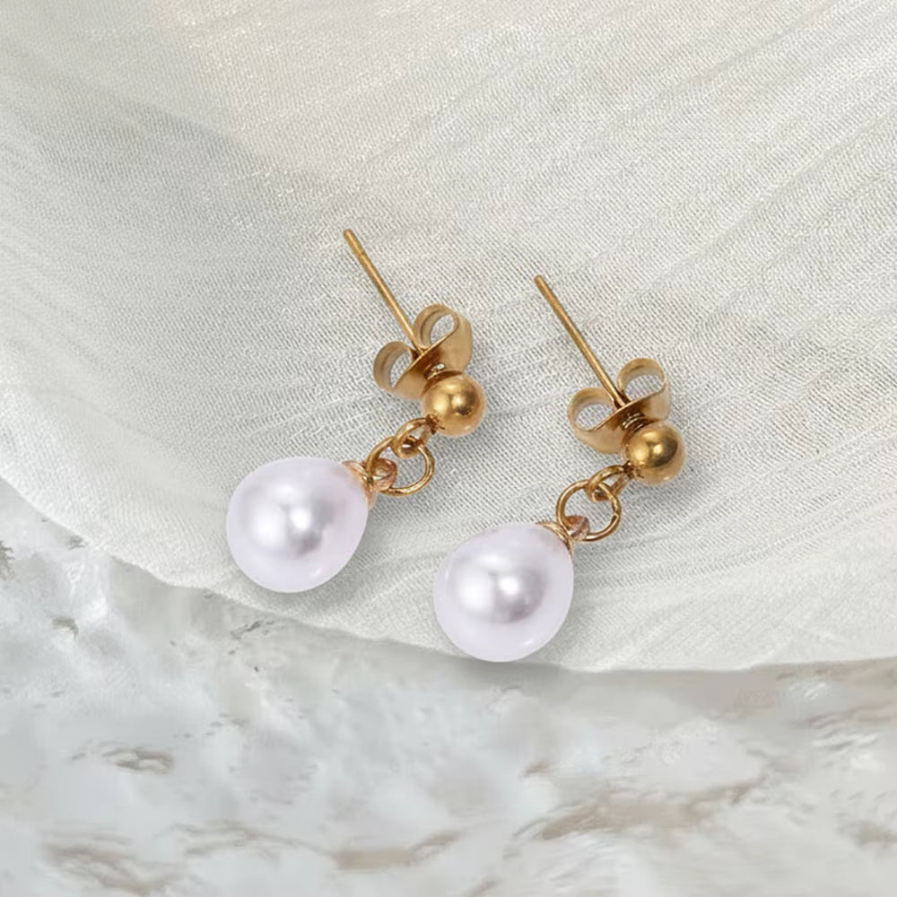 Stainless Steel Imitation Pearl Pendant Earrings Ladies' French Vintage Elegance Fashionable Niche Versatile High-End Earrings