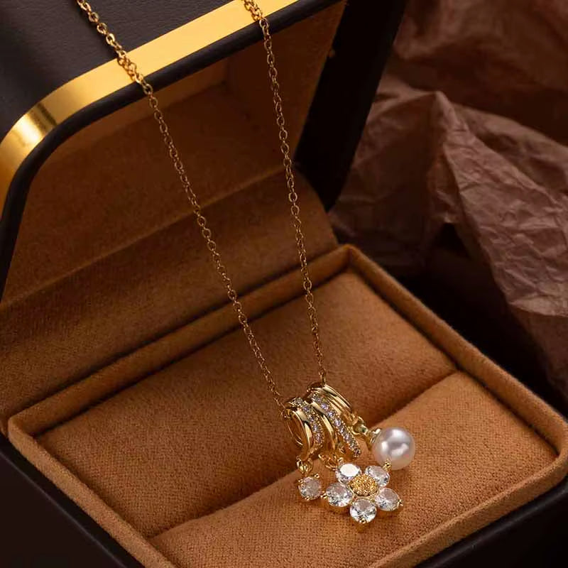 316L Stainless Steel Colorful Flower Zircon Pearl Pendant Necklace for Women Simple Elegant Korean Jewelry Wholesale