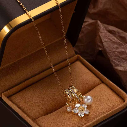 316L Stainless Steel Colorful Flower Zircon Pearl Pendant Necklace for Women Simple Elegant Korean Jewelry Wholesale