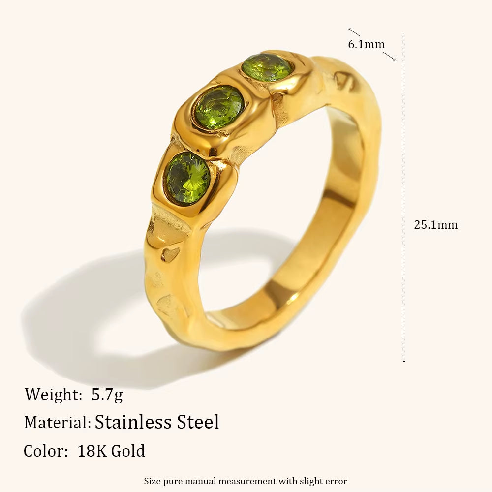 La. Muses Three Green Zircon Stainless Steel Women'S Ring PVD Gold Plated Trendy Daily Jewelry Accessories Gift