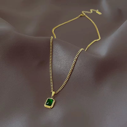 French Retro Green Crystal Pendant Necklace Simple Gold Color Chain Necklace for Women Trendy Accessories Mother Gift Accessorie