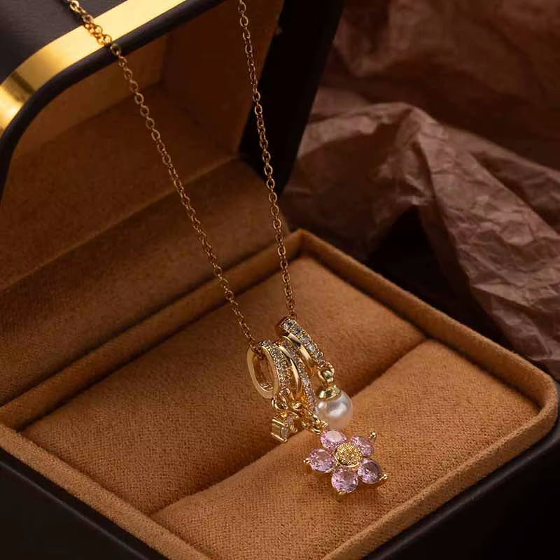 316L Stainless Steel Colorful Flower Zircon Pearl Pendant Necklace for Women Simple Elegant Korean Jewelry Wholesale