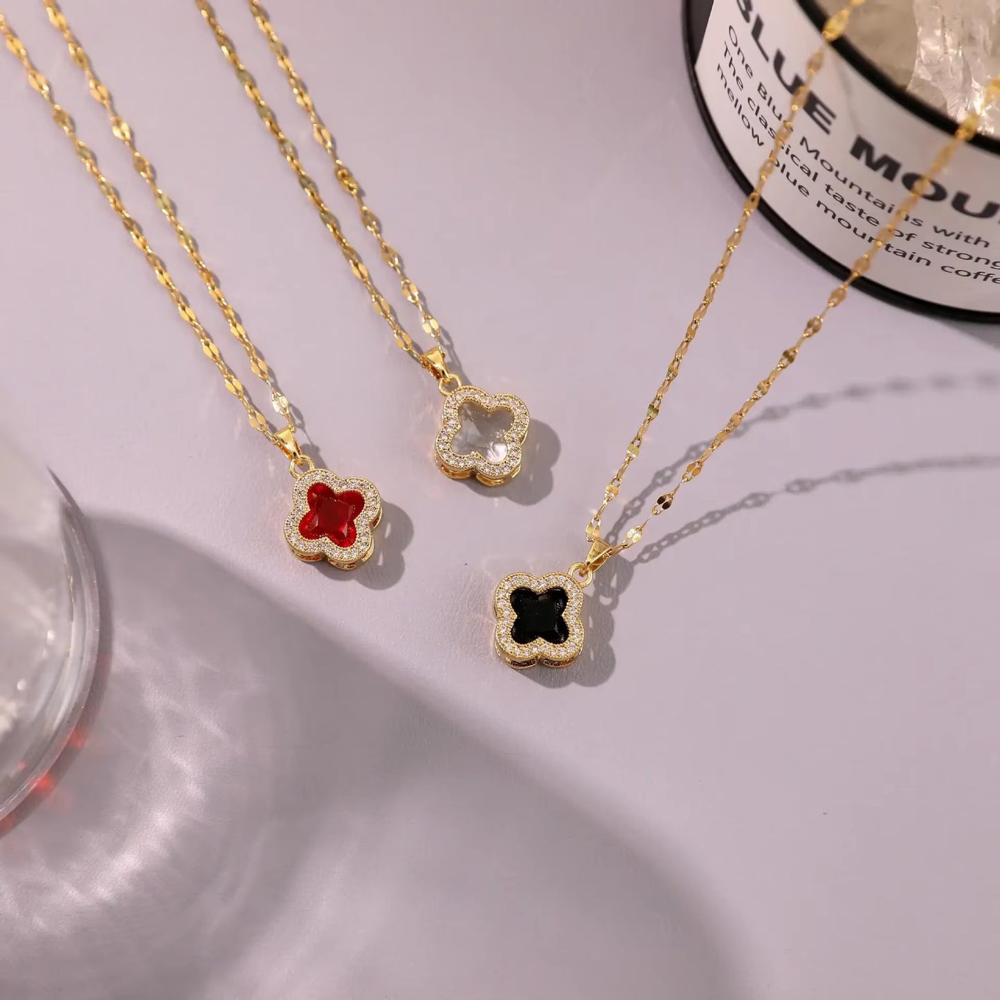 Fashionable Titanium Steel Necklace for Women with Embedded Diamonds Four Leaf Clover Cold Style Choker Pendant Accessories