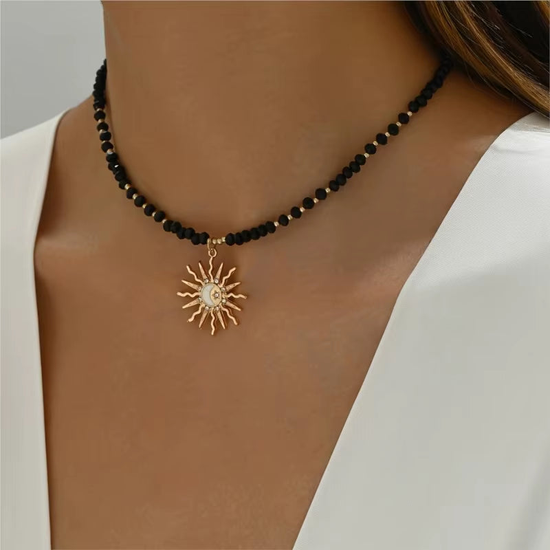 Vintage Golden-Toned Sun Pendant Necklace for Women Elegant Turquoise Beads Chain Choker Neck Statement Party Jewelry Gifts