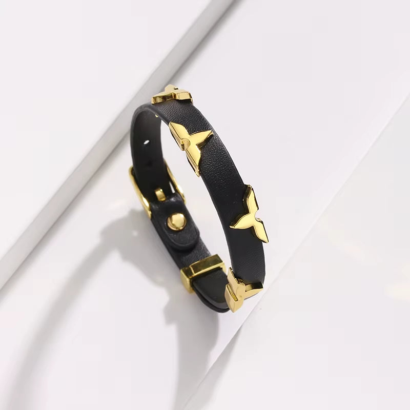 Fashion Leather Bracelet for Women Men with Gold Tone Butterfly Studs, Adjustable Wristband, 6 Colors Available, Trendy Gift