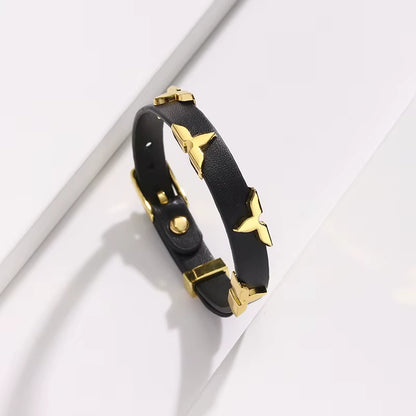 Fashion Leather Bracelet for Women Men with Gold Tone Butterfly Studs, Adjustable Wristband, 6 Colors Available, Trendy Gift