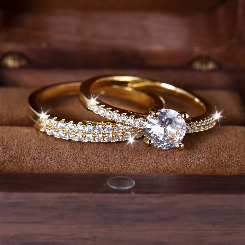 White Zircon Stacking Couple Ring Set 2Pcs Female round Gold Color Bridal Rings for Women Wedding Bands Party Jewelry CZ