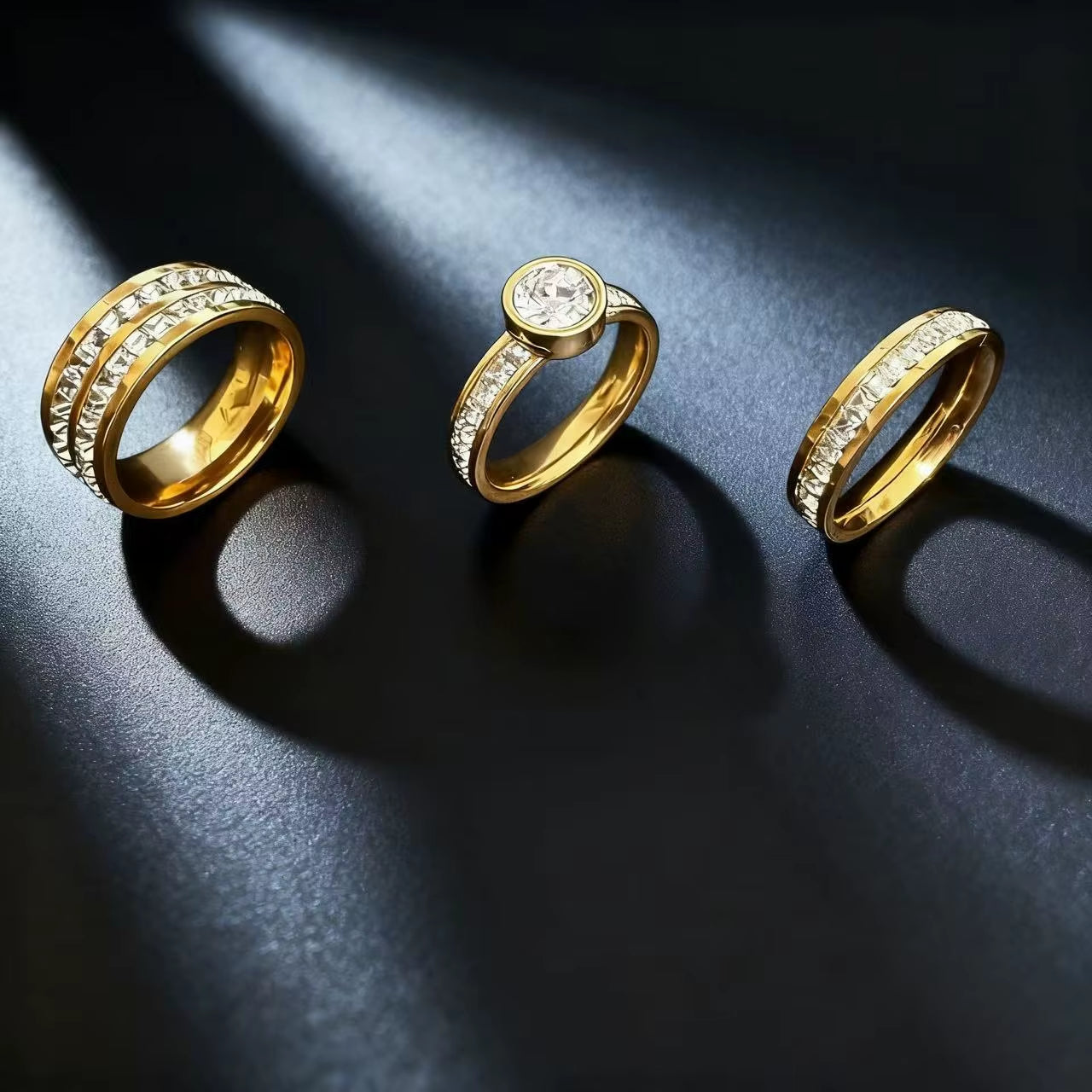 3PCS Gold Plated Color Cubic Zirconia (CZ) Wedding Engagement Band Stainless Steel Ring Set for Women Jewelry Accessories Gift