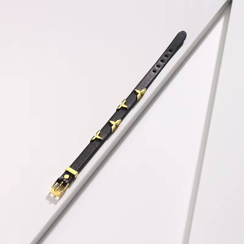 Fashion Leather Bracelet for Women Men with Gold Tone Butterfly Studs, Adjustable Wristband, 6 Colors Available, Trendy Gift