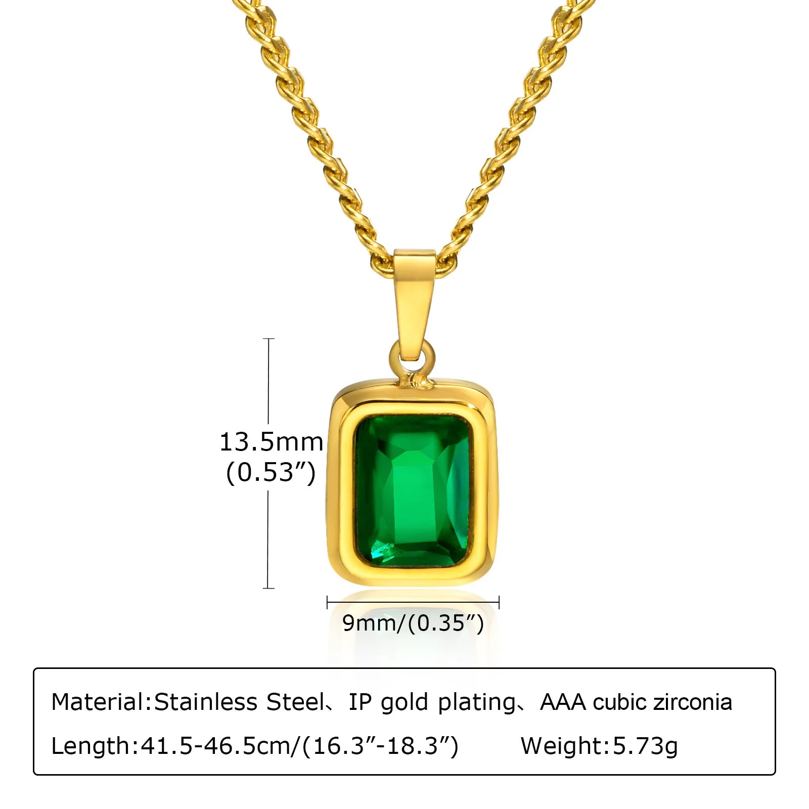Retro Green Zircon Pendant Necklace for Women, Crystal Stone Chain Stainless Steel Gold Plated Luxury Birthday Gifts