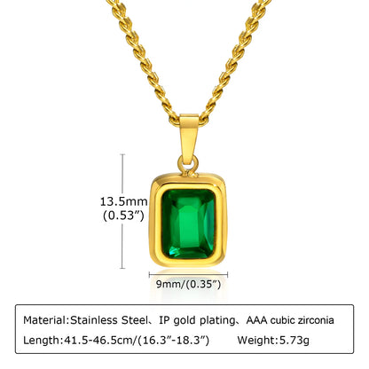 Retro Green Zircon Pendant Necklace for Women, Crystal Stone Chain Stainless Steel Gold Plated Luxury Birthday Gifts