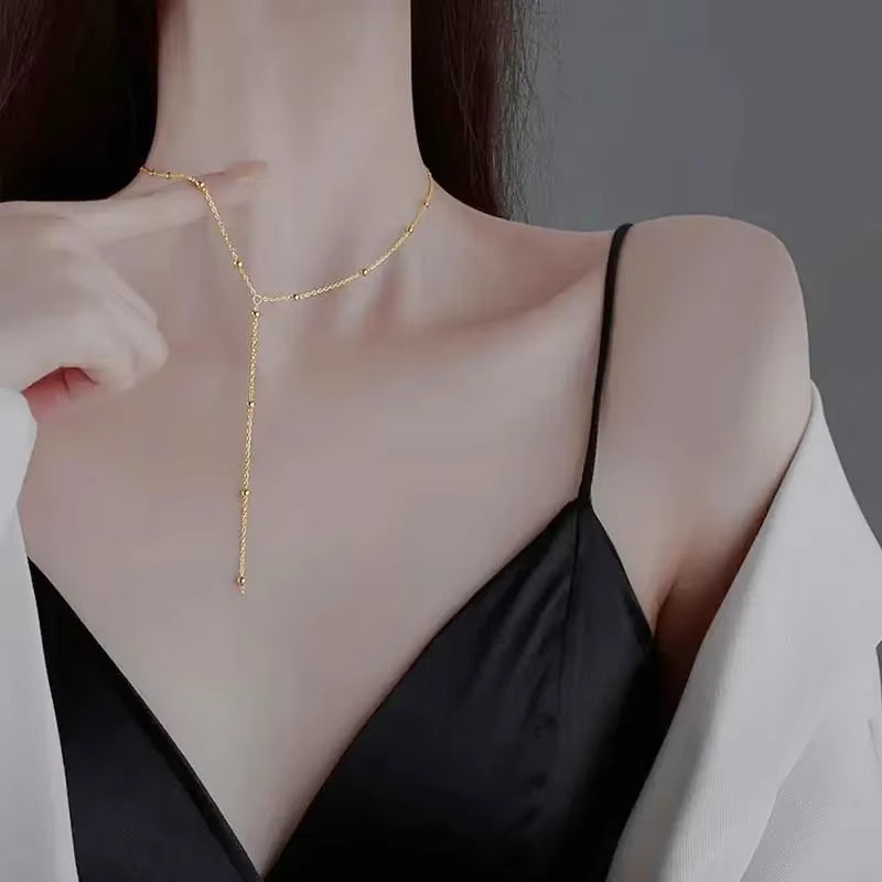 Gold Color Double Layered Long Tassel Chain Necklaces for Women Simple Metal Geometric Bead Choker Necklace Fashion Jewelry
