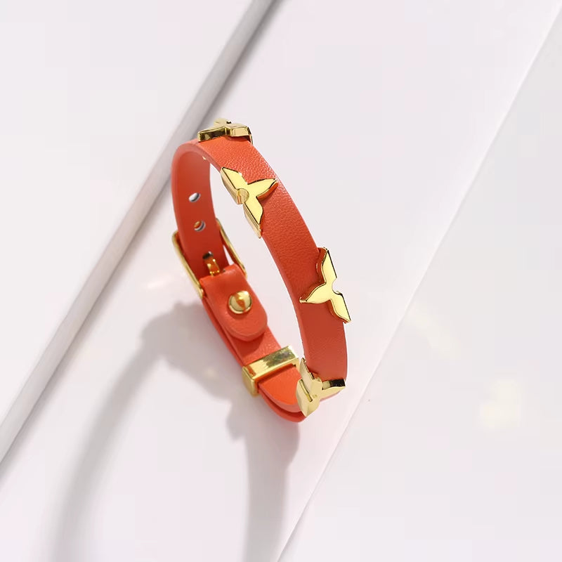Fashion Leather Bracelet for Women Men with Gold Tone Butterfly Studs, Adjustable Wristband, 6 Colors Available, Trendy Gift