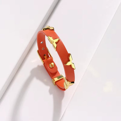 Fashion Leather Bracelet for Women Men with Gold Tone Butterfly Studs, Adjustable Wristband, 6 Colors Available, Trendy Gift
