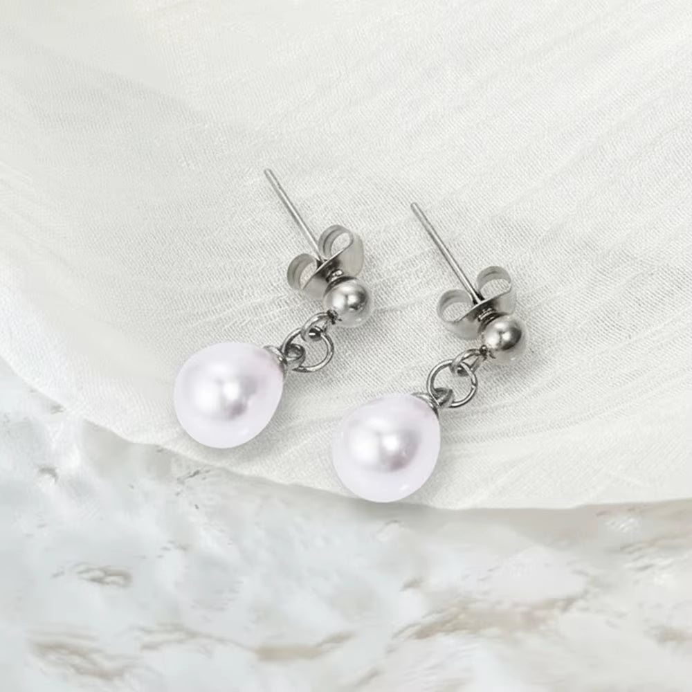 Stainless Steel Imitation Pearl Pendant Earrings Ladies' French Vintage Elegance Fashionable Niche Versatile High-End Earrings
