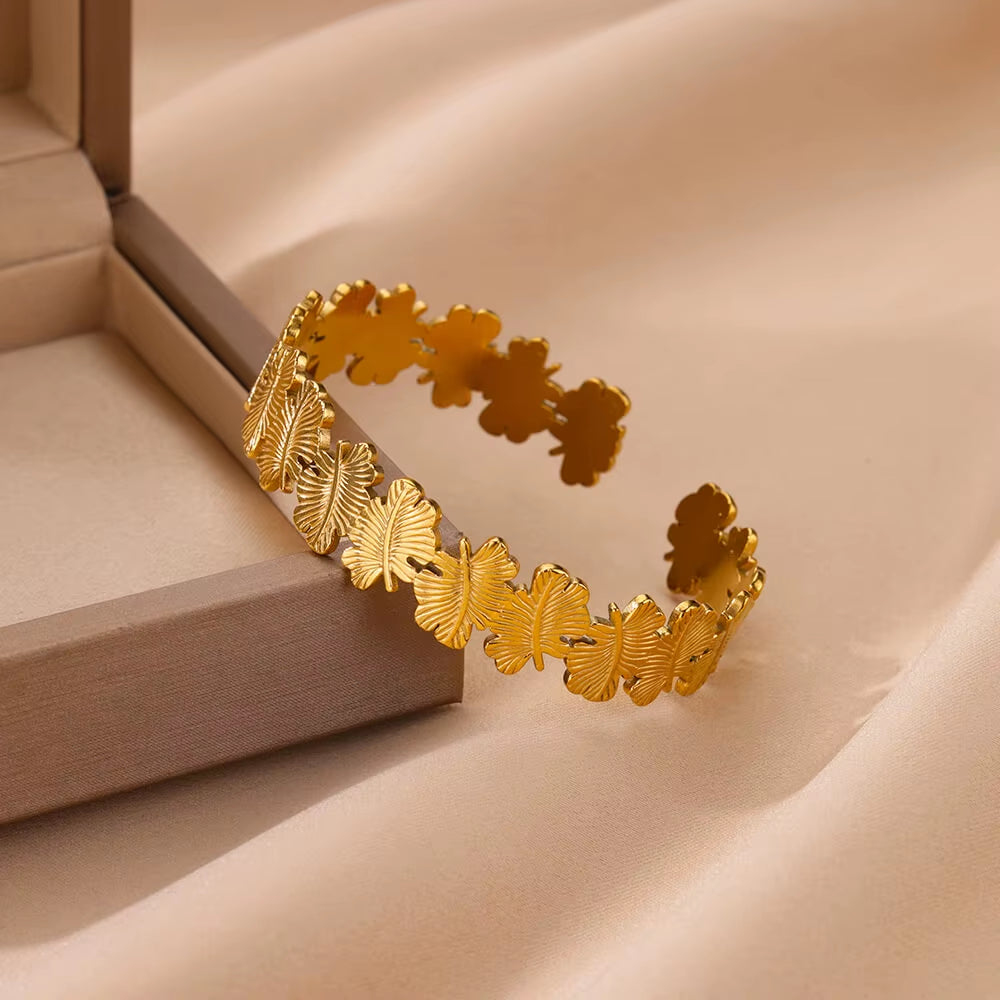 Flower Cuff Bracelet Bangle for Women Gold Color Flora Stainless Steel Bangles Casting Aesthetic Couple Wrist Jewelry Pulseras