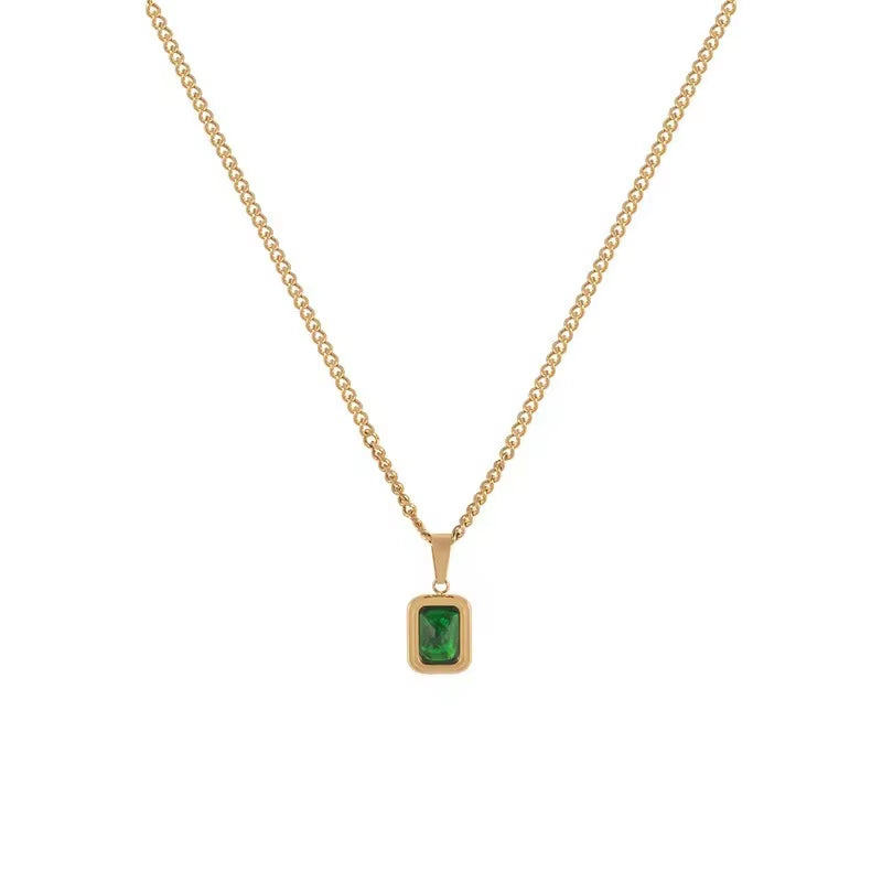 French Retro Green Crystal Pendant Necklace Simple Gold Color Chain Necklace for Women Trendy Accessories Mother Gift Accessorie