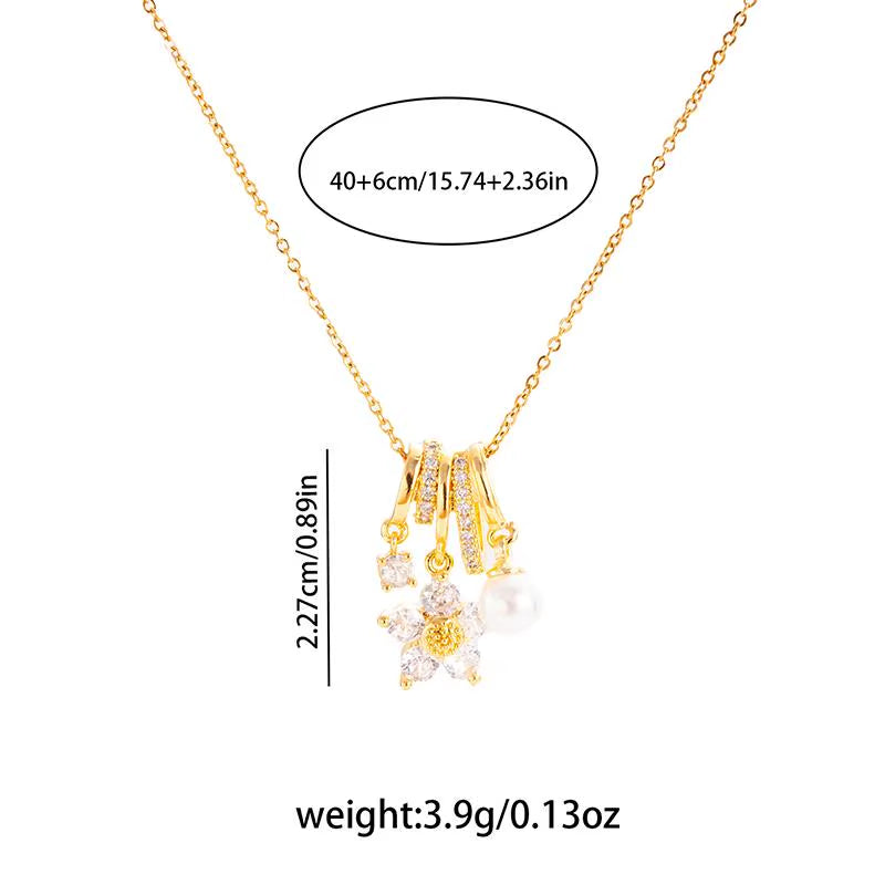 316L Stainless Steel Colorful Flower Zircon Pearl Pendant Necklace for Women Simple Elegant Korean Jewelry Wholesale