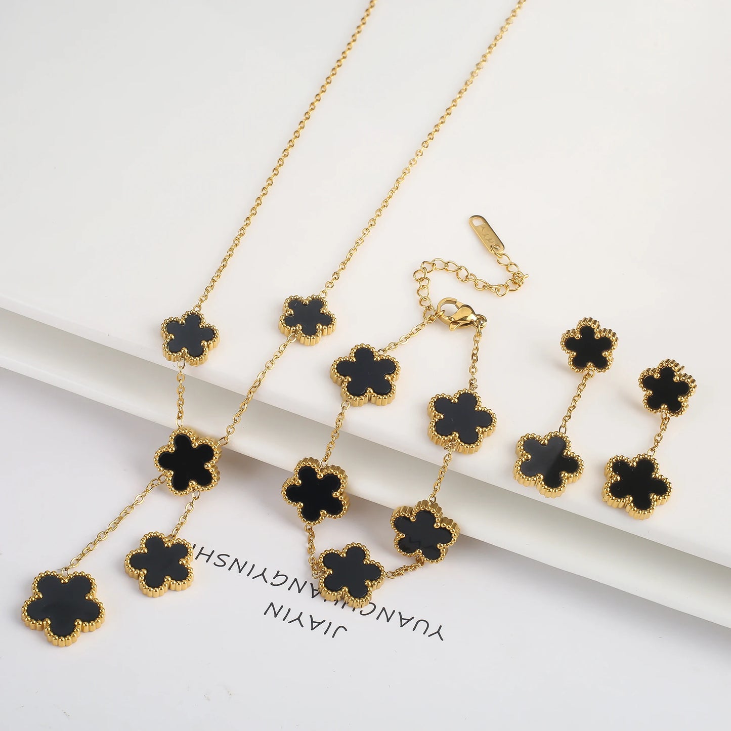 Clover Five Leaf Flower Stainless Steel Bracelet Necklace Earrings Jewelry Set Luxury for Women High Quality Party Jewelry Gift